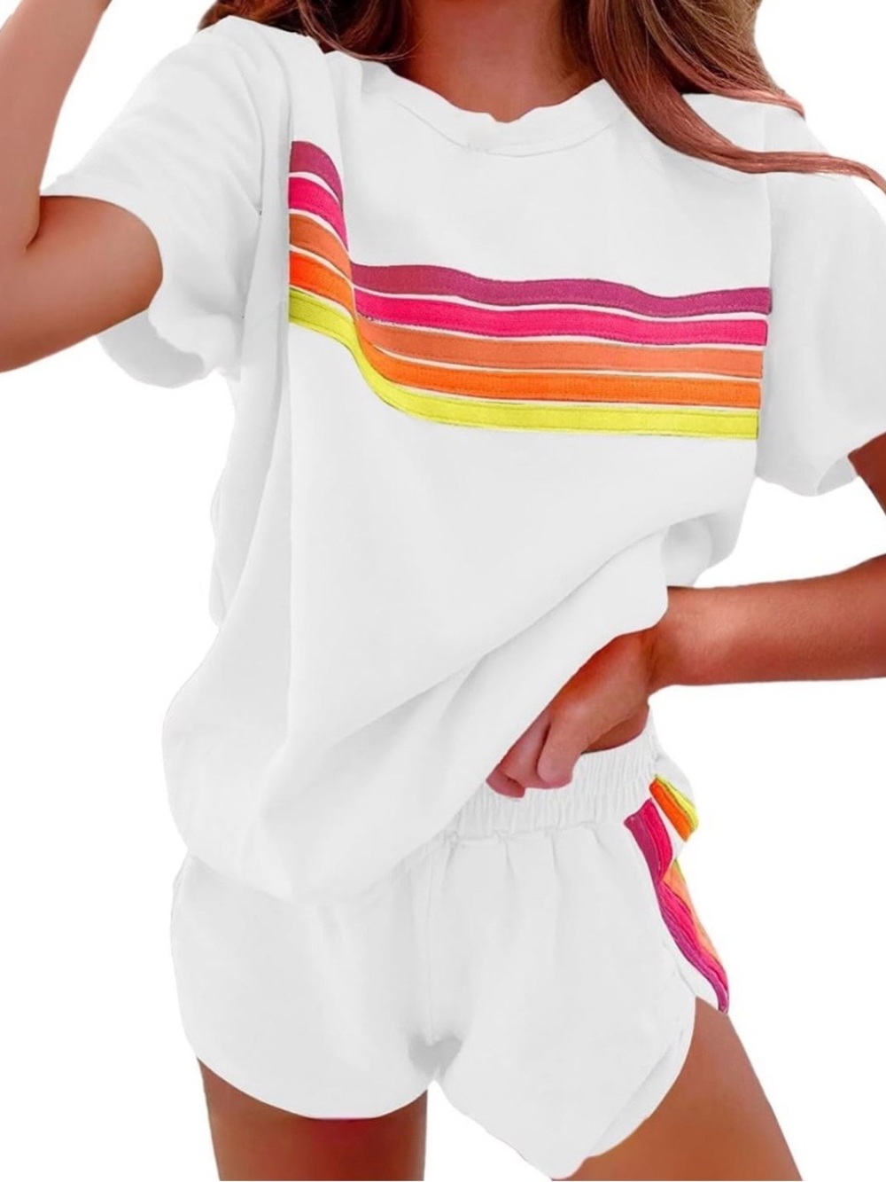 White Rainbow Stripe Short Pajama Set - Women's Two-Piece Sleepwear